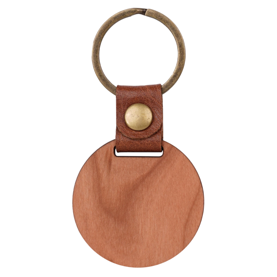 Brown leather keychain with a round wooden tag and gold accent on a white background