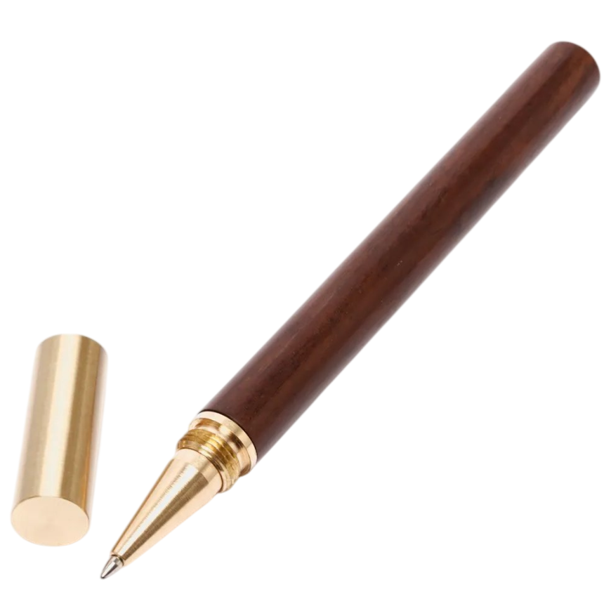 Brown pen with gold accents on a white background