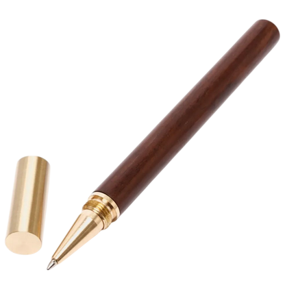 Brown pen with gold accents on a white background
