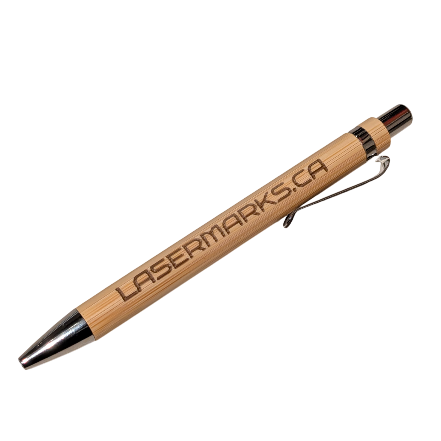 Wooden pen with 'Lasermarks.ca' branding on a white background