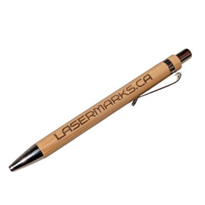 Wooden pen with 'Lasermarks.ca' branding on a white background
