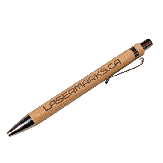 Wooden pen with 'Lasermarks.ca' branding on a white background