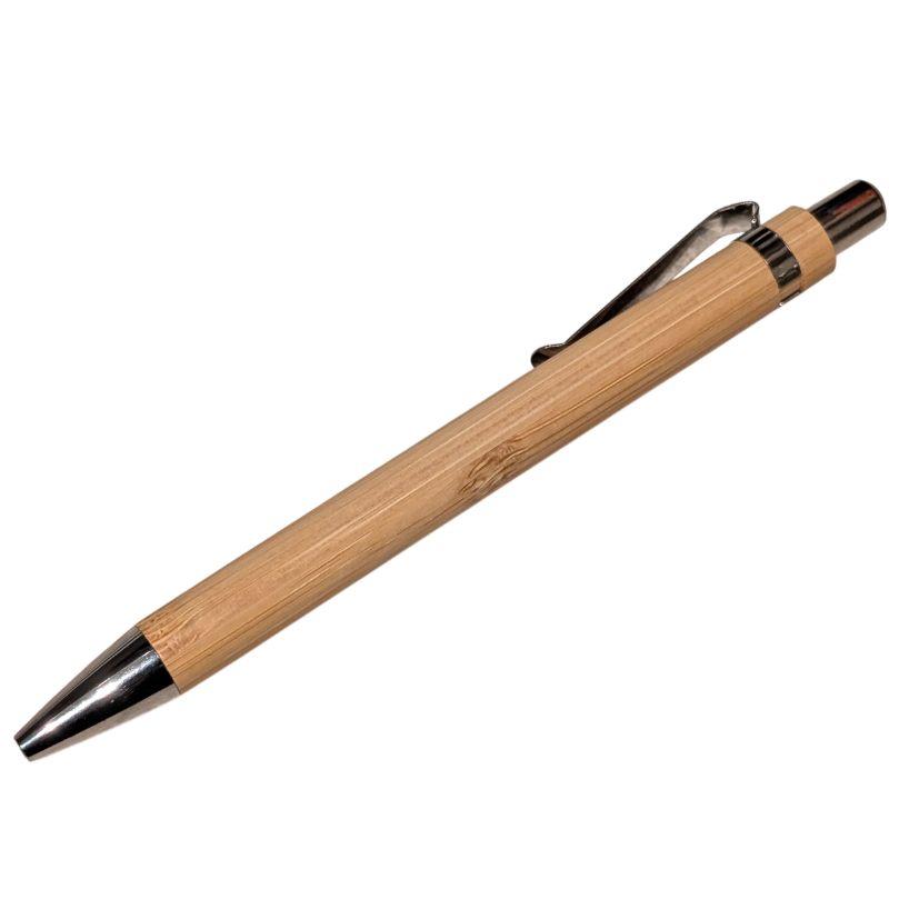 Bamboo pen with a silver clip on a white background
