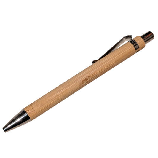 Bamboo pen with a silver clip on a white background